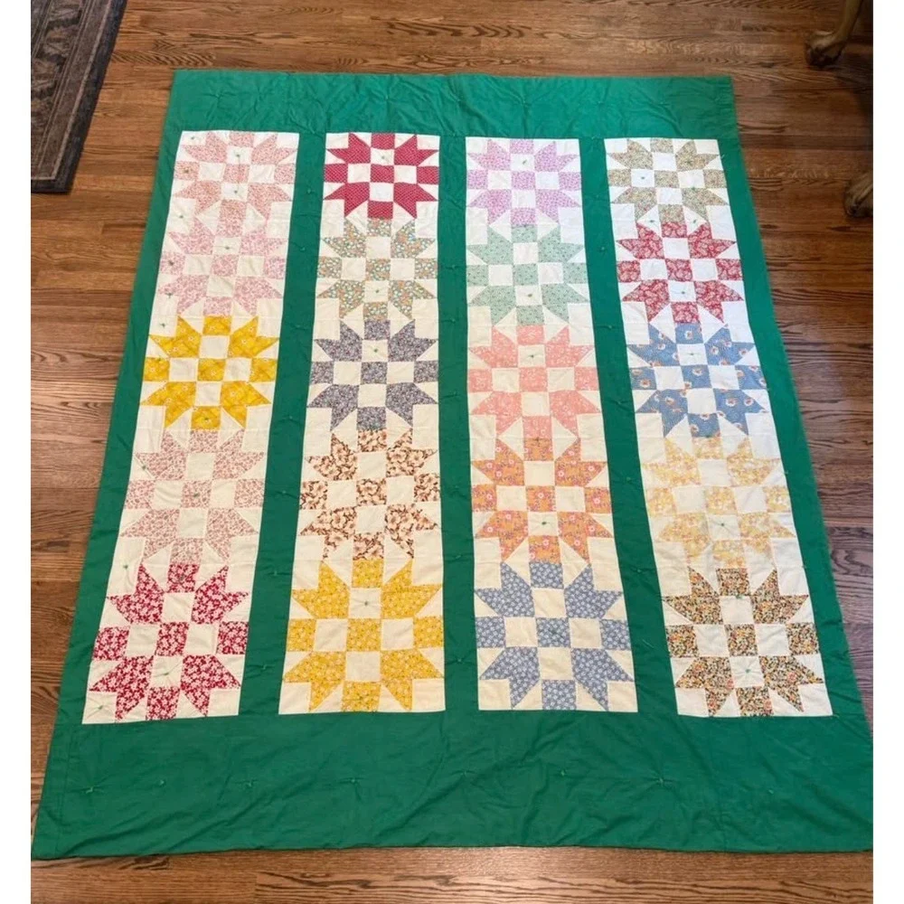 Vintage Reversible Hand Tied Scrappy Nine Patch Star Quilt 86